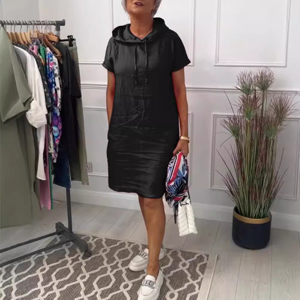 Women's Casual Solid Short Sleeve Hooded Pocket Dress