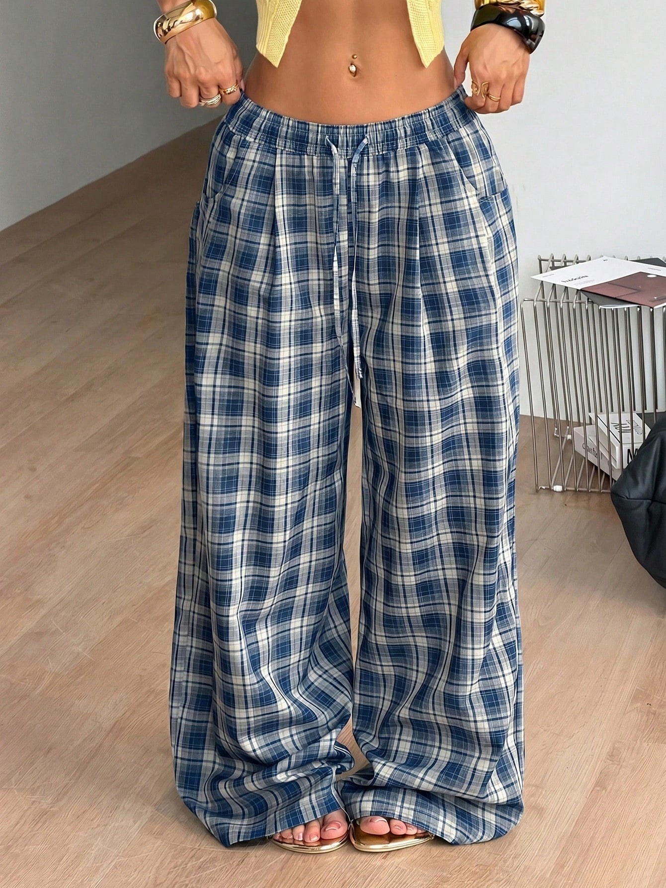 Y2K Retro Plaid Drawstring High-Waist Wide-Leg Pants with Pockets