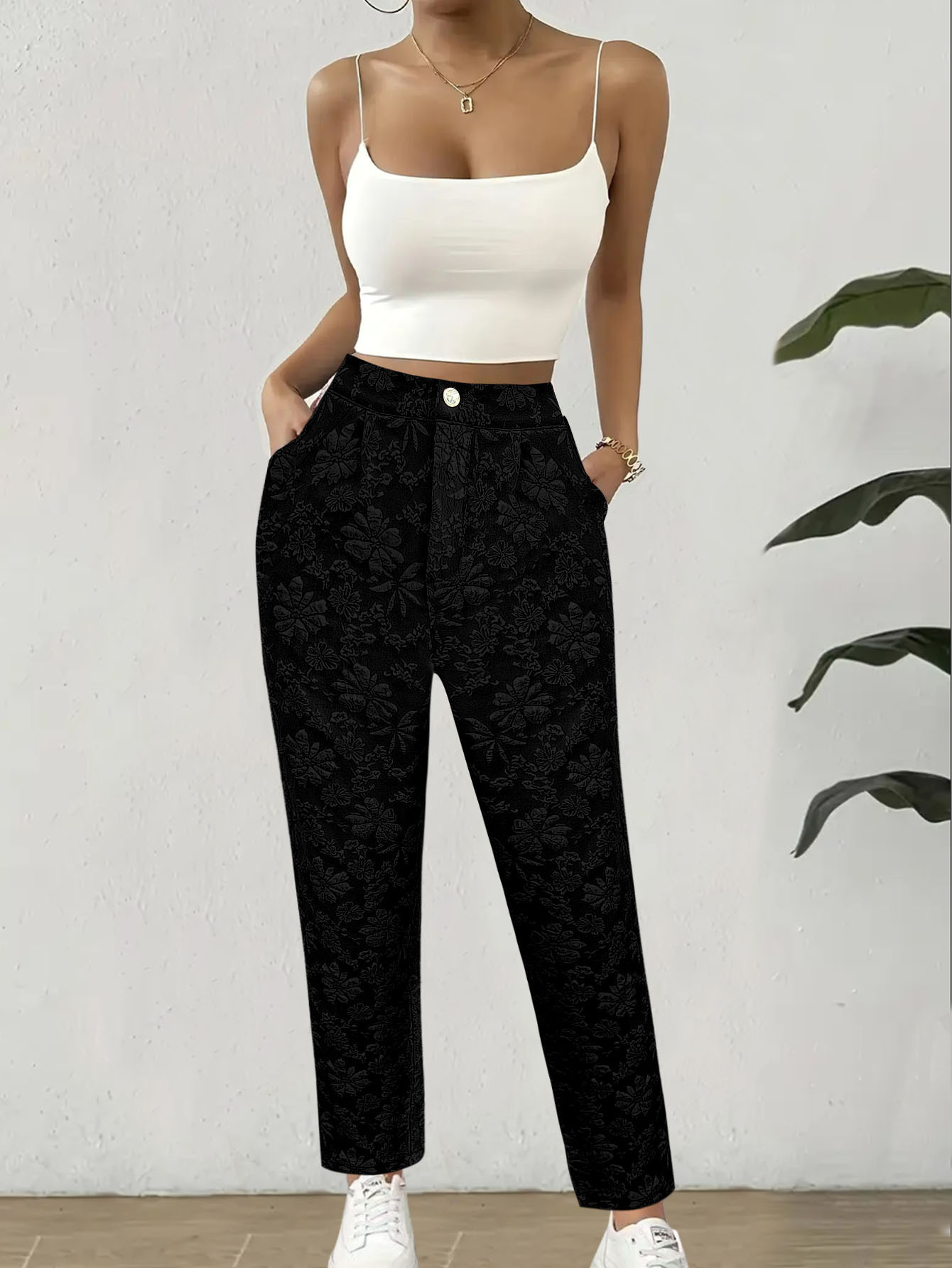 Floral Jacquard High-Waist Straight-Leg Pants with Pockets