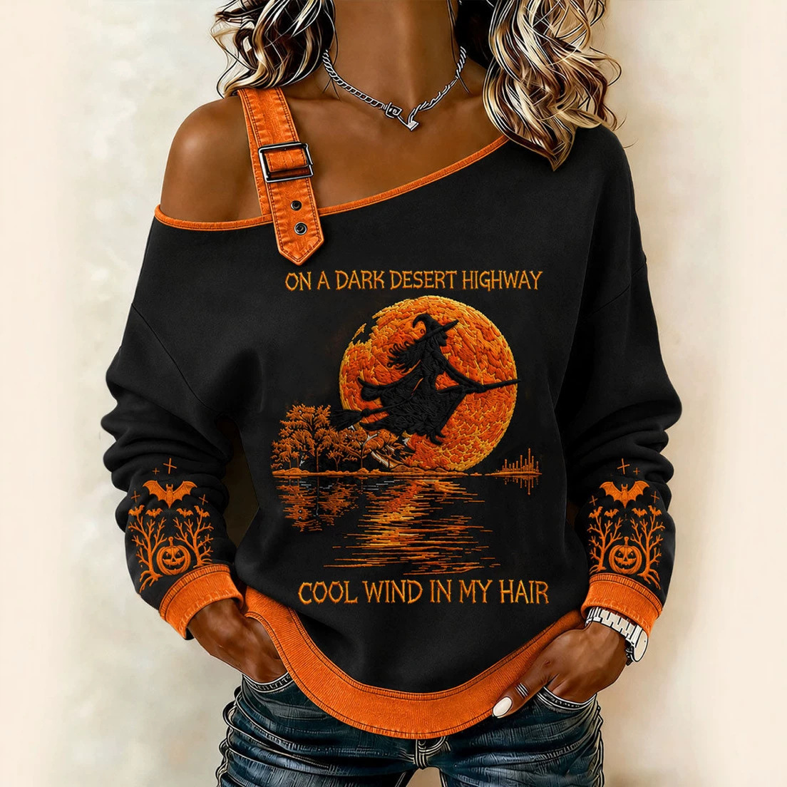 Halloween Witch Broom Print Crewneck Long-Sleeve Lace-Up Sweatshirt