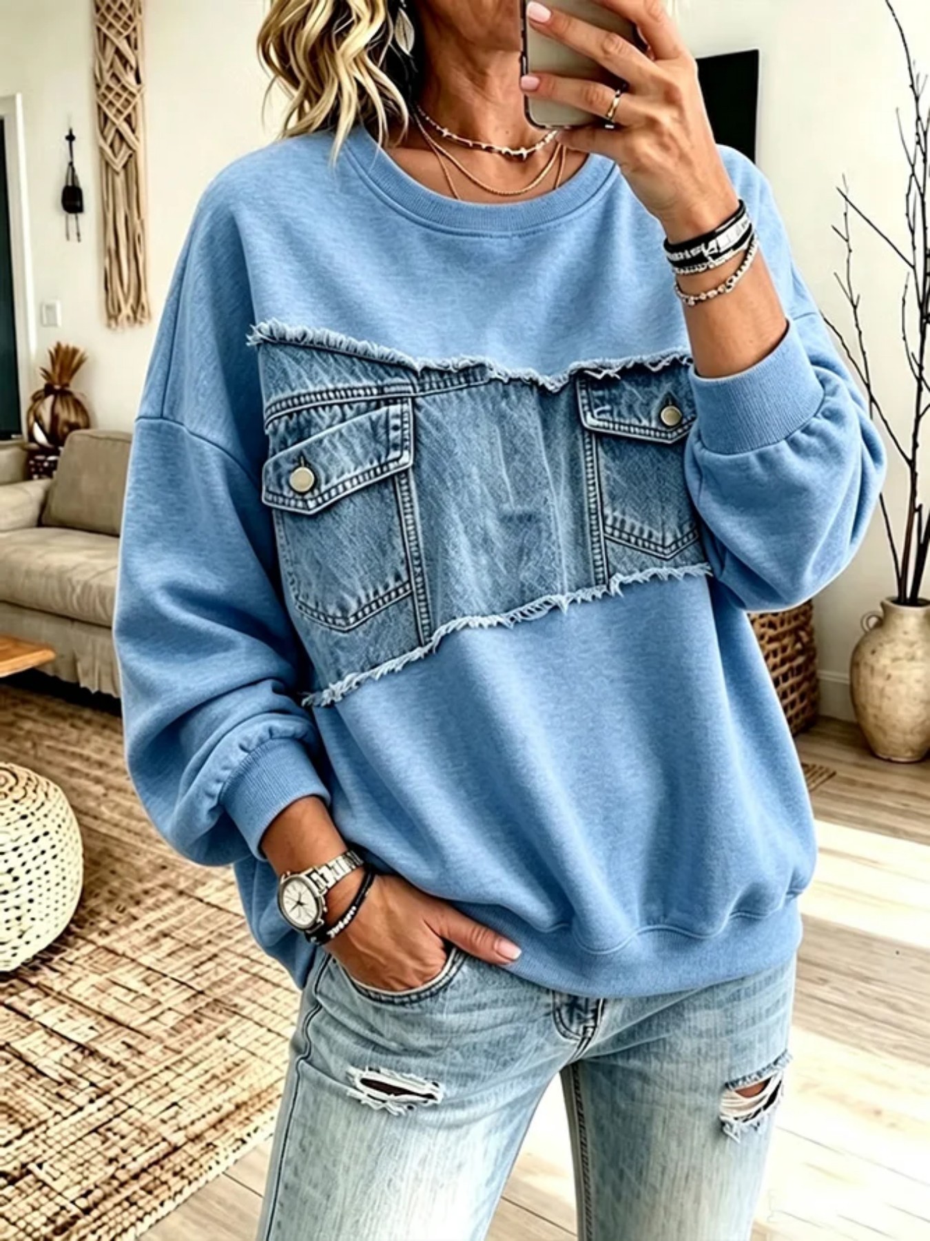 Patch Pocket Print Crewneck Long Sleeve Pullover Sweatshirt