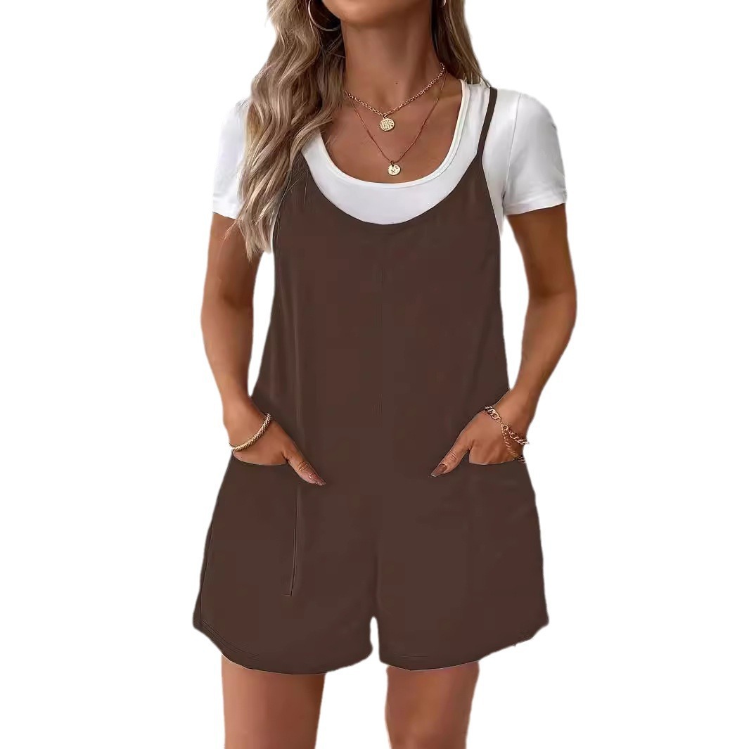 Solid Color Pocket Cami Romper Loose Casual Jumpsuit