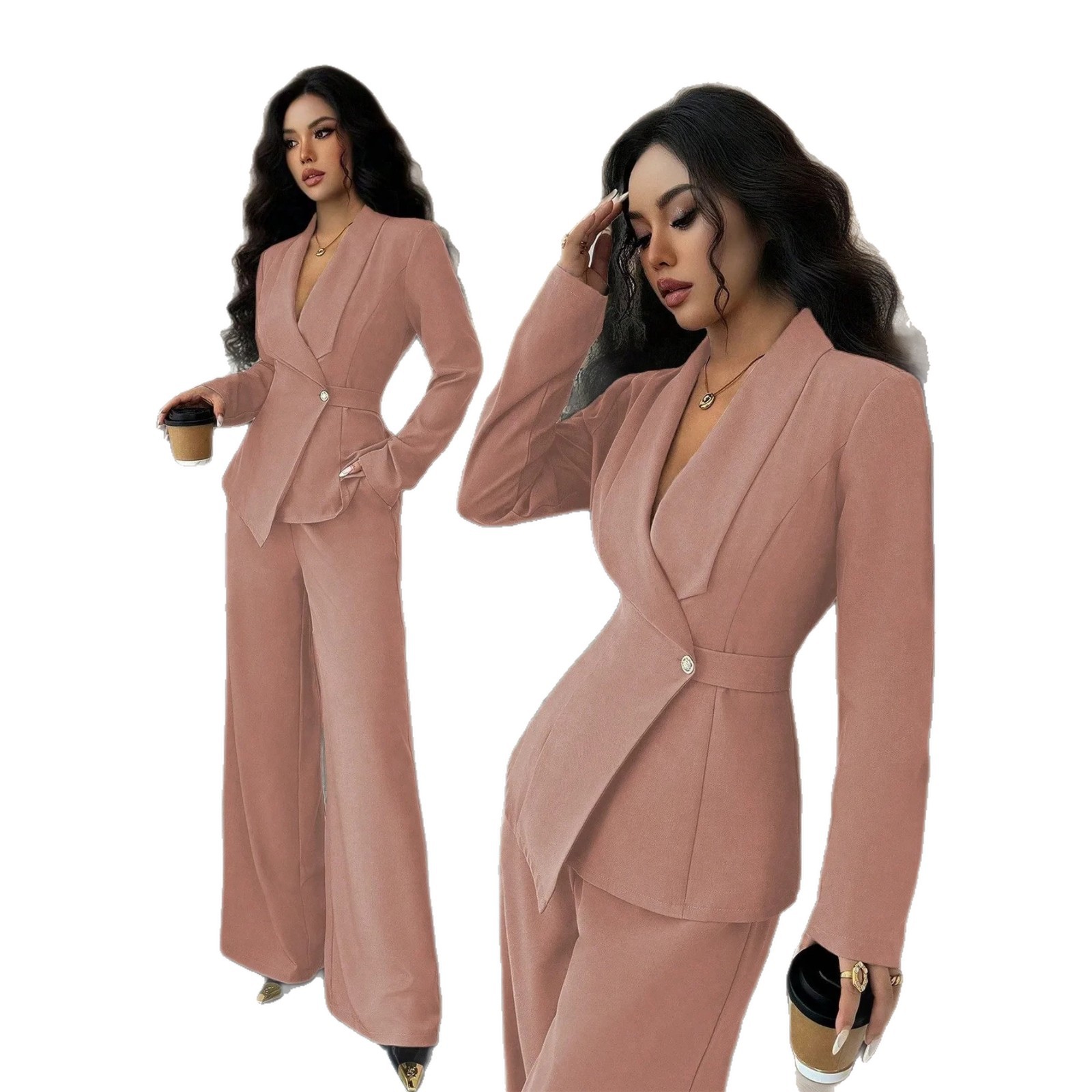 Women's Solid V-Neck Long Blazer and Wide-Leg Pants Two-Piece Set