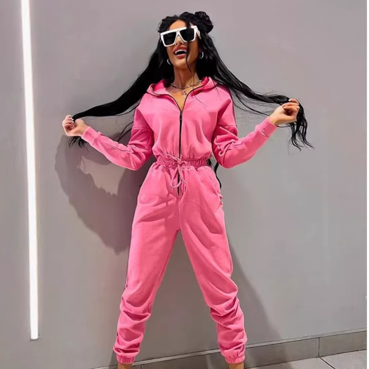 Women's Casual Hooded Drawstring Jogger Jumpsuit with Pockets