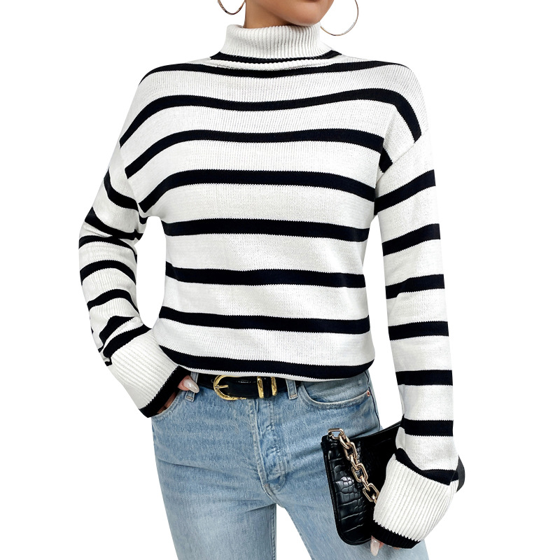 Women's Loose Striped Turtleneck Knit Sweater