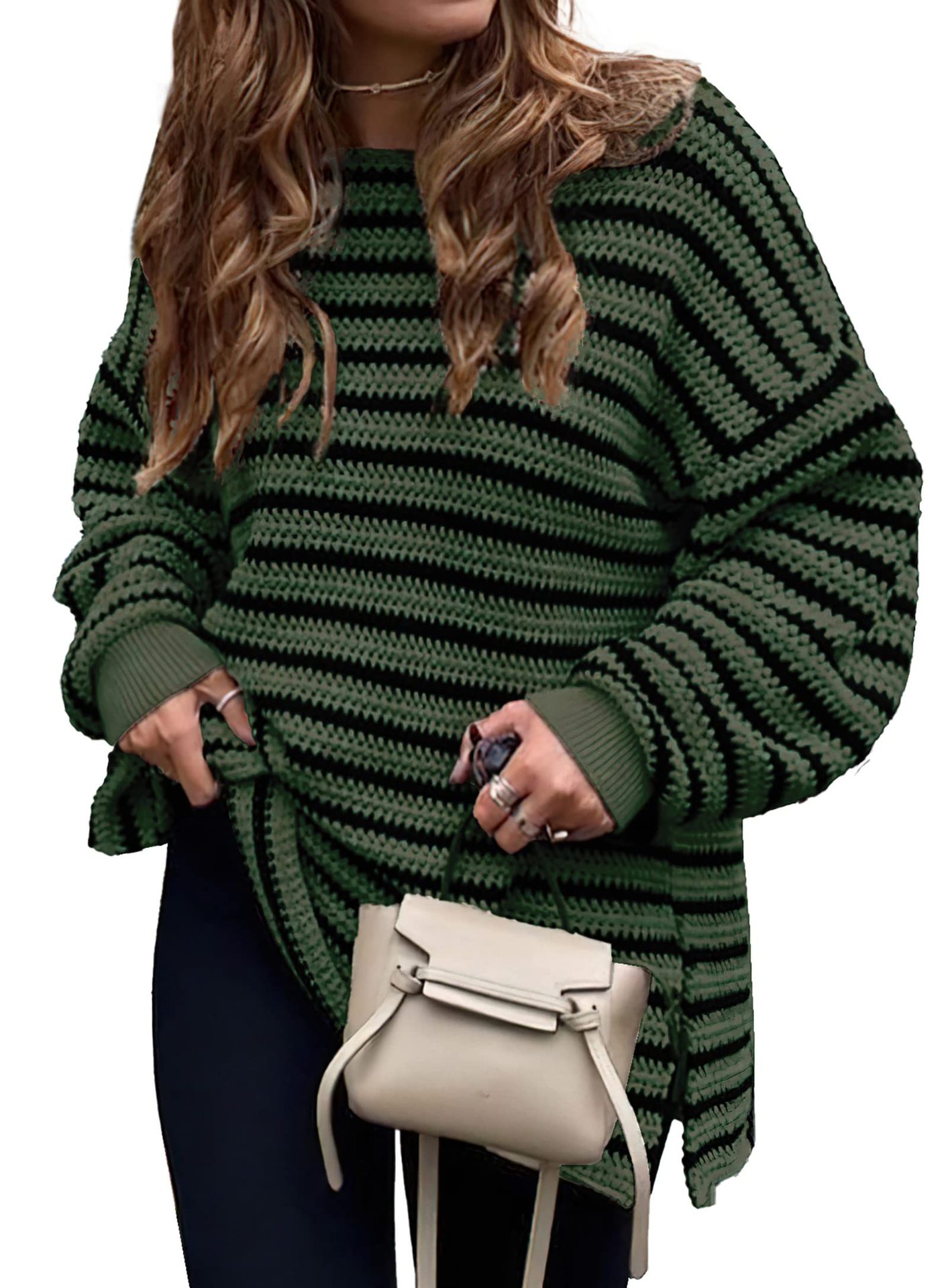 Striped Slit Loose Knit Sweater