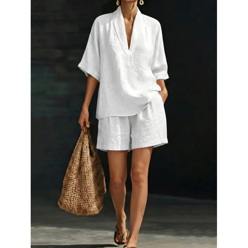 Women's V-Neck Short Sleeve Wide Leg Pants Set Casual Loose Fit