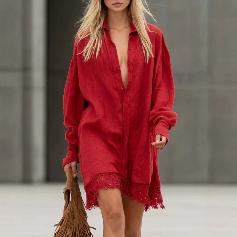 Women's Lace Trim Button-Front Loose Shirt Dress