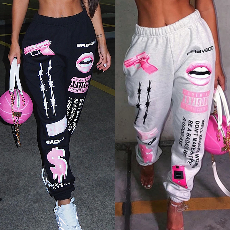 Gothic Print Elastic Waist Harem Pants Women's Casual