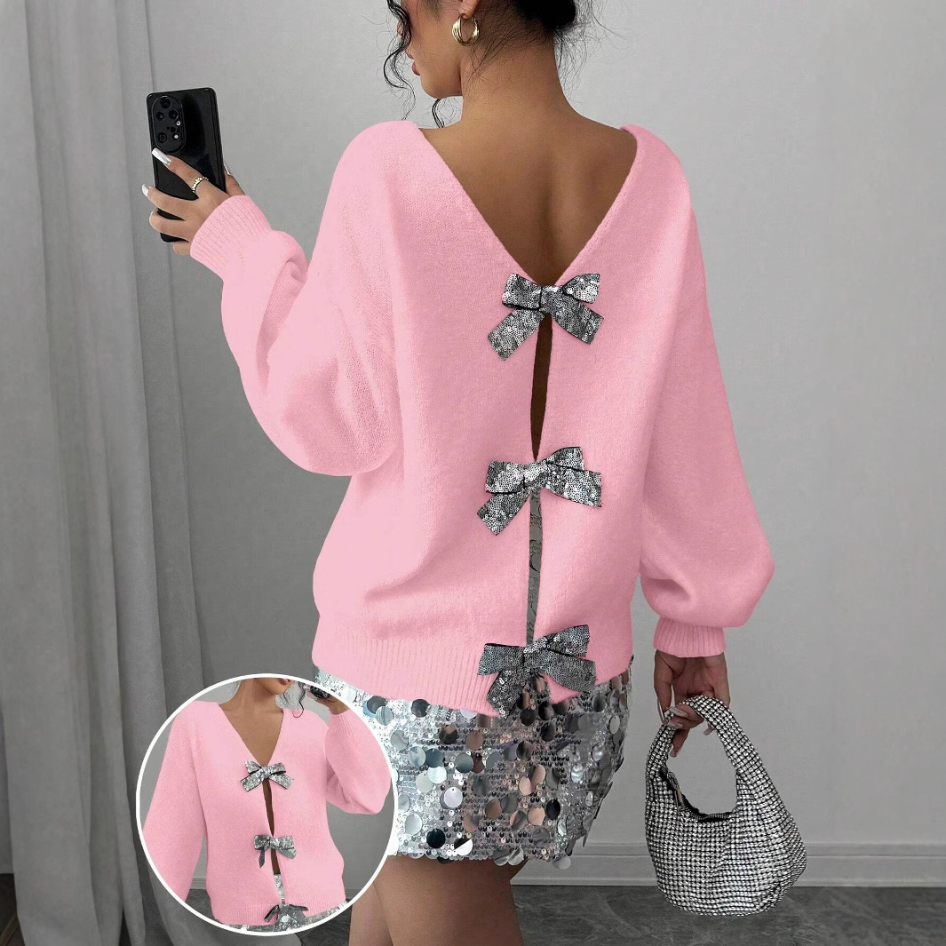 Sequin Bow Loose Long-Sleeve Knit Cardigan Sweater