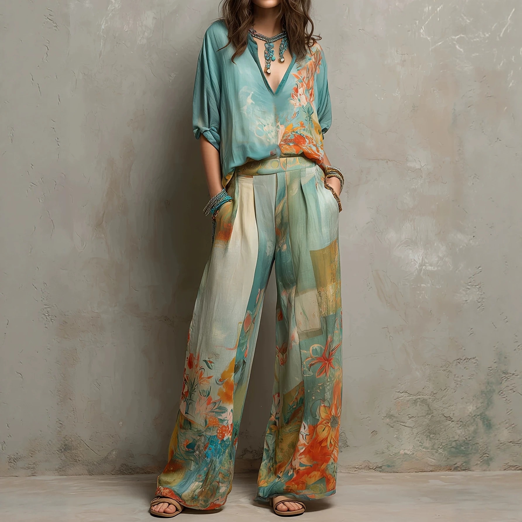Deep V-Neck Top and Wide-Leg Pants Set