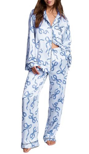 Cuban Collar Bow Ribbon Print Long Sleeve Women's Set