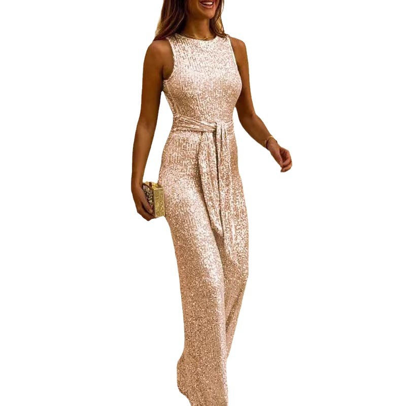 Women's Sleeveless Sequin Jumpsuit with Round Neck