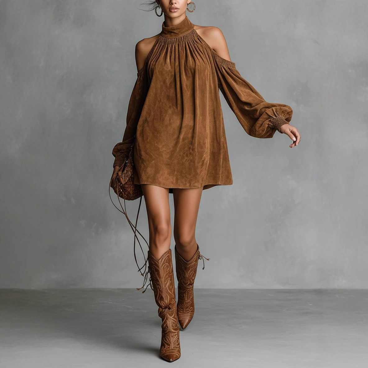 Faux Suede Halter Mini Dress with Lantern Sleeves and Cold-Shoulder