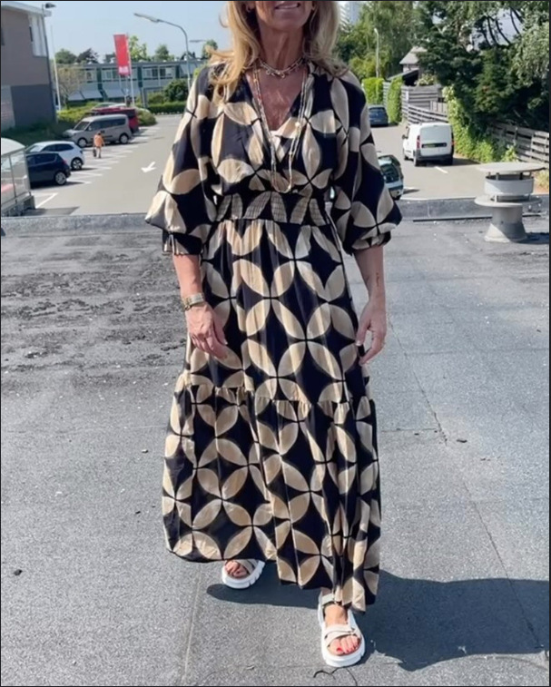 Women's Loose V-Neck Coin Print Maxi Dress