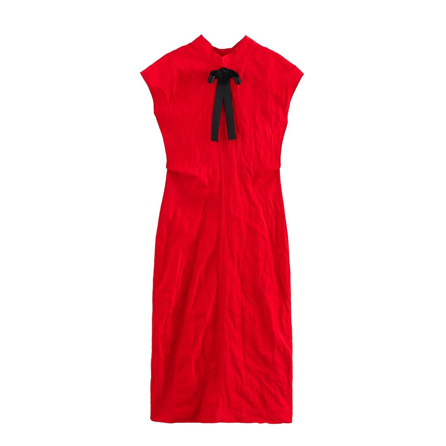 Women's Bow-Accent Wrinkle-Effect Midi Dress Sleeveless Stand Collar