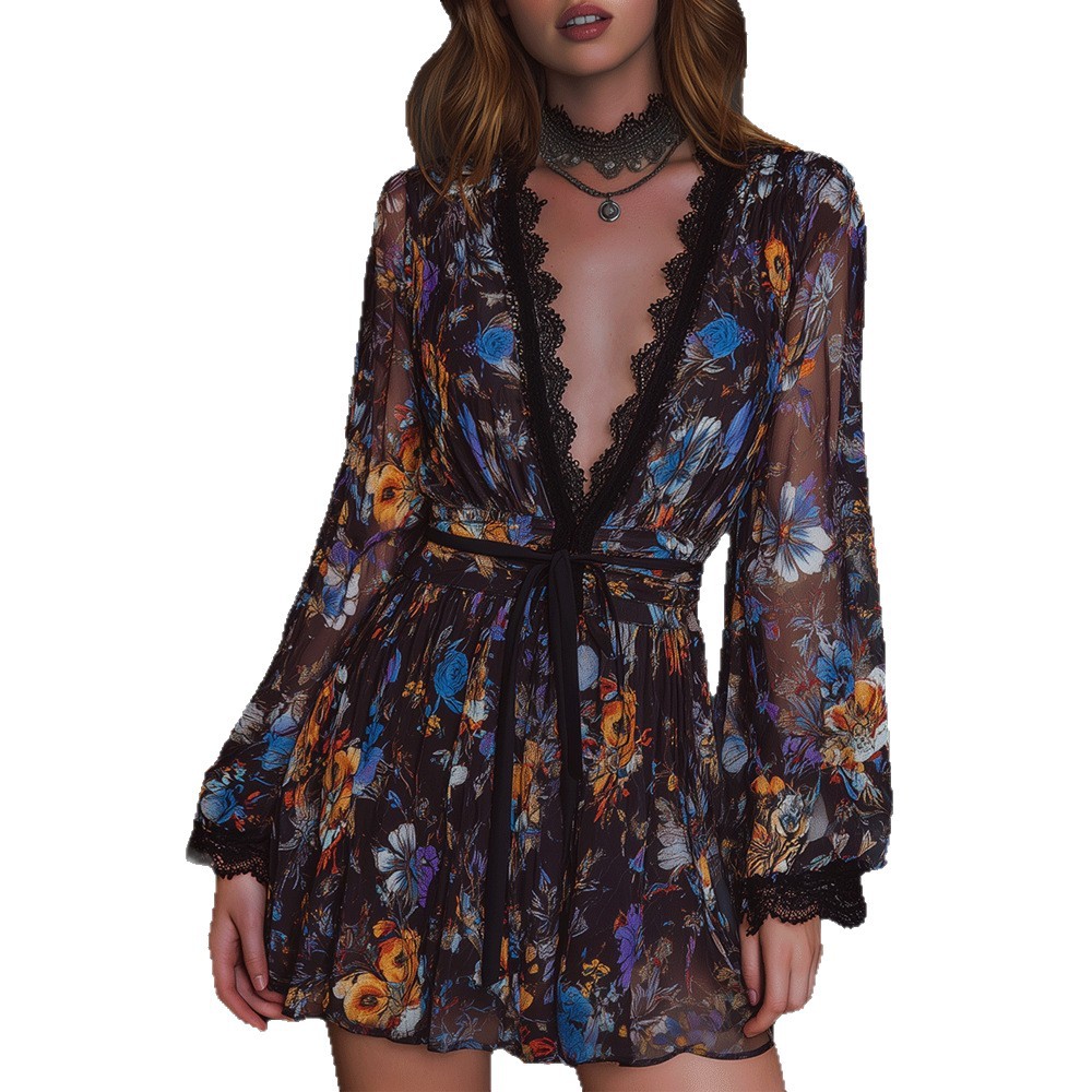 Women's V-Neck Long Sleeve Organza Dress with Waist Cinch