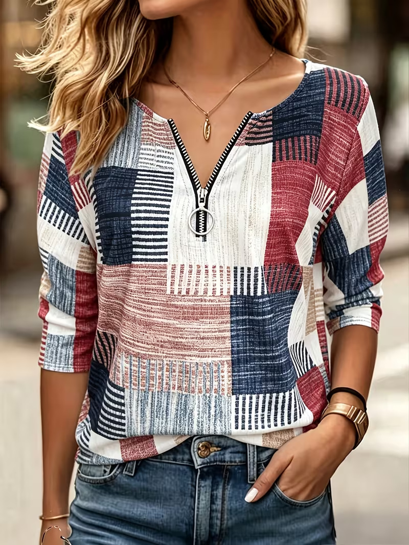 Plaid Print Half-Zip Hoodie for Women