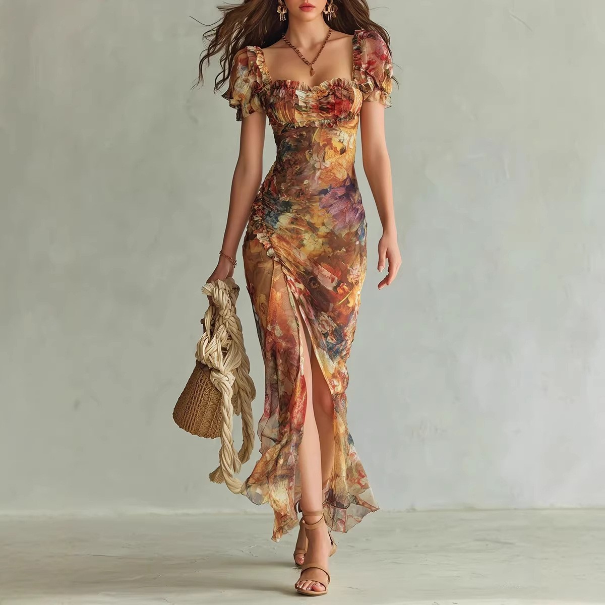 Floral Print Long Bodycon Dress Short Sleeve High Waist