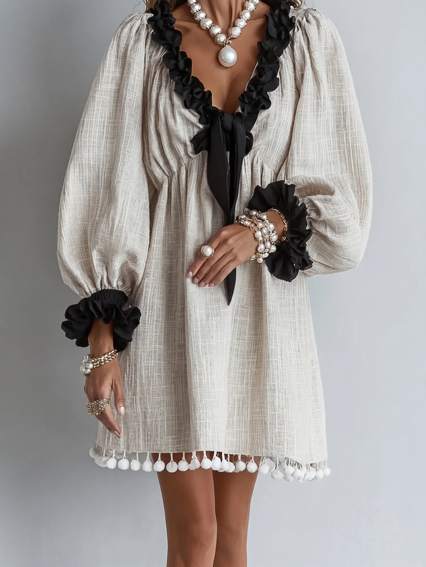 Color-Block Black Lace V-Neck Puff Sleeve Cotton-Linen Short Dress Tie Waist Pom-Pom Hem