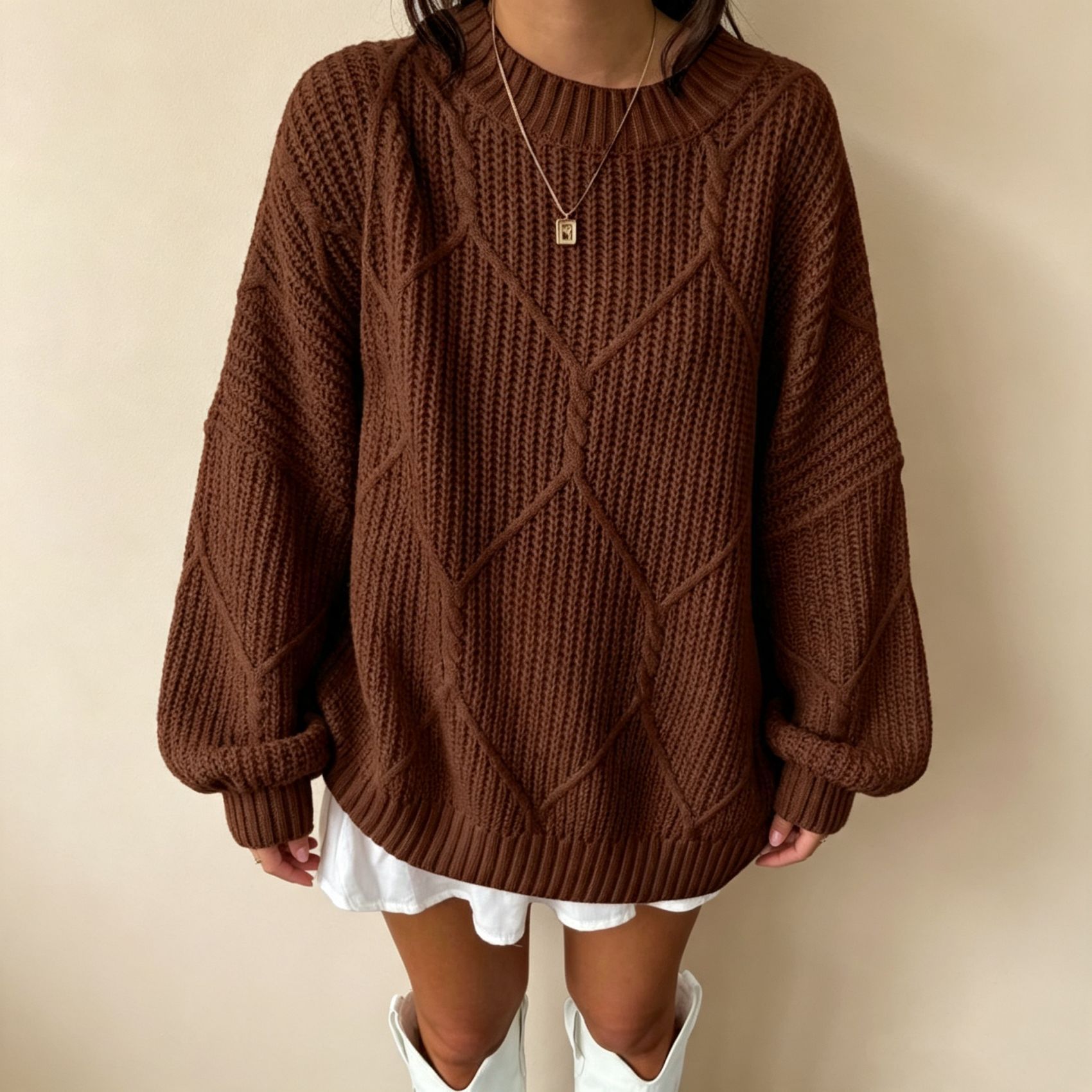 Women's Cable Knit Diamond Crewneck Pullover Sweater