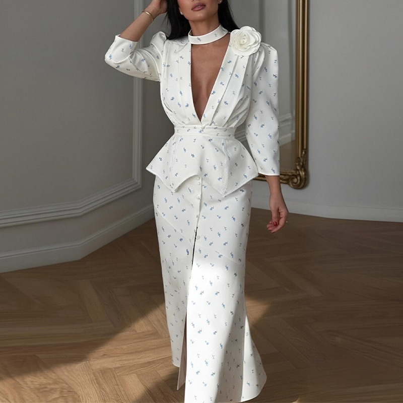 Women's Floral Print Deep V-Neck Long Sleeve Bodycon Dress