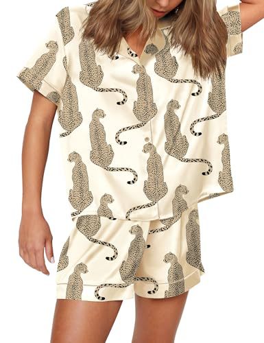 Women's Cuban Collar Animal Print Short Sleeve Shirt Set Casual Summer