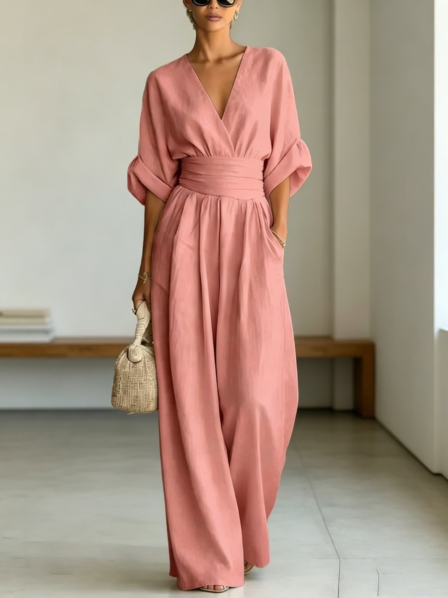 V-Neck Cinched Waist Rolled Sleeve Wide-Leg Jumpsuit