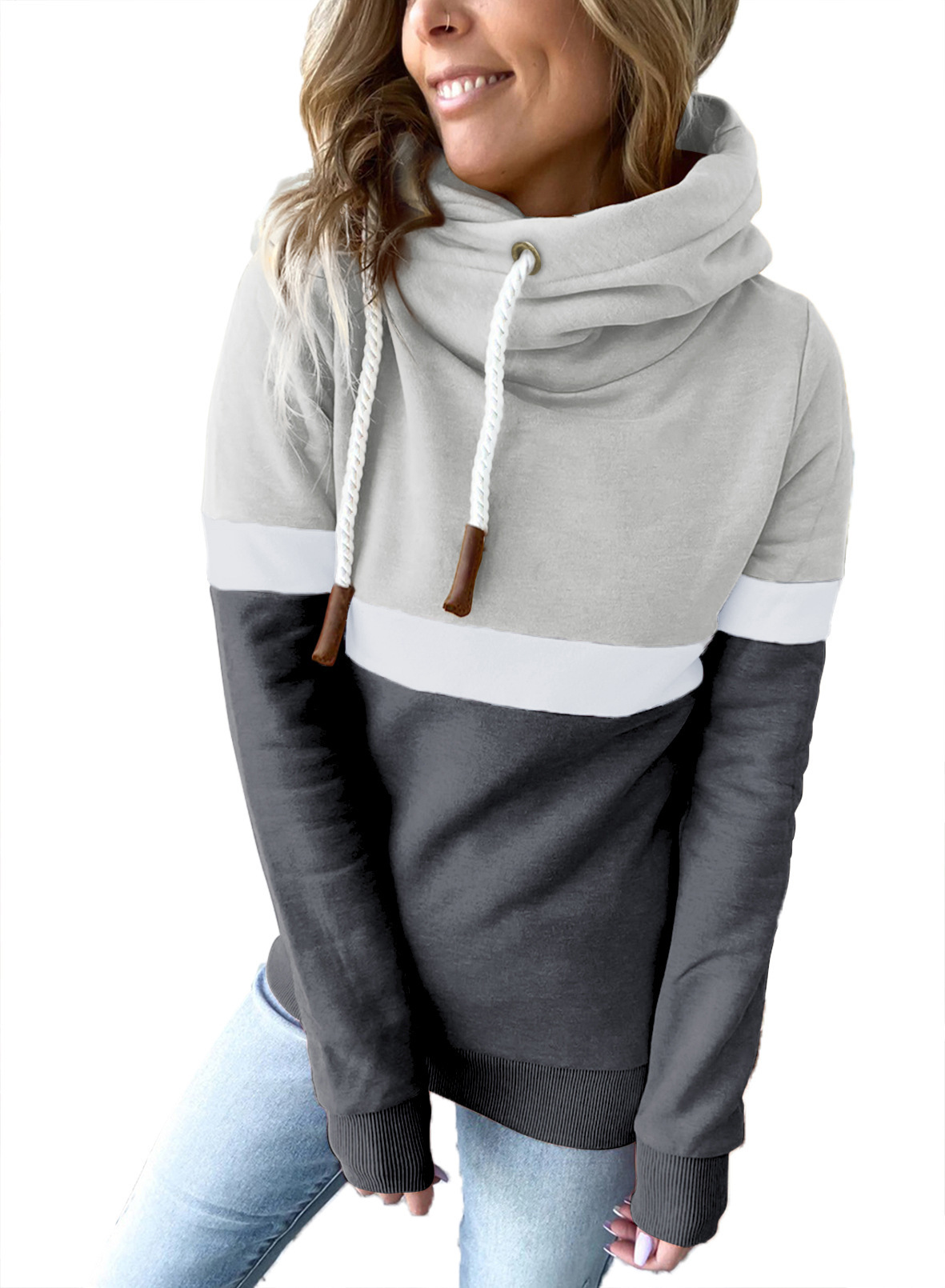 Women's Colorblock High Neck Hooded Sweatshirt