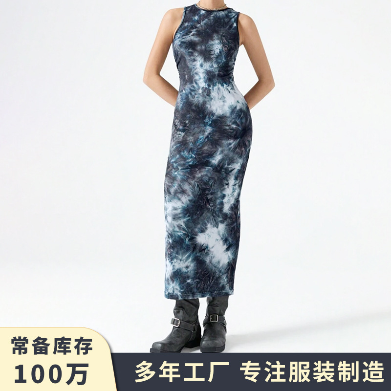 Sleeveless Tie-Dye Maxi Dress with Irregular Buttons
