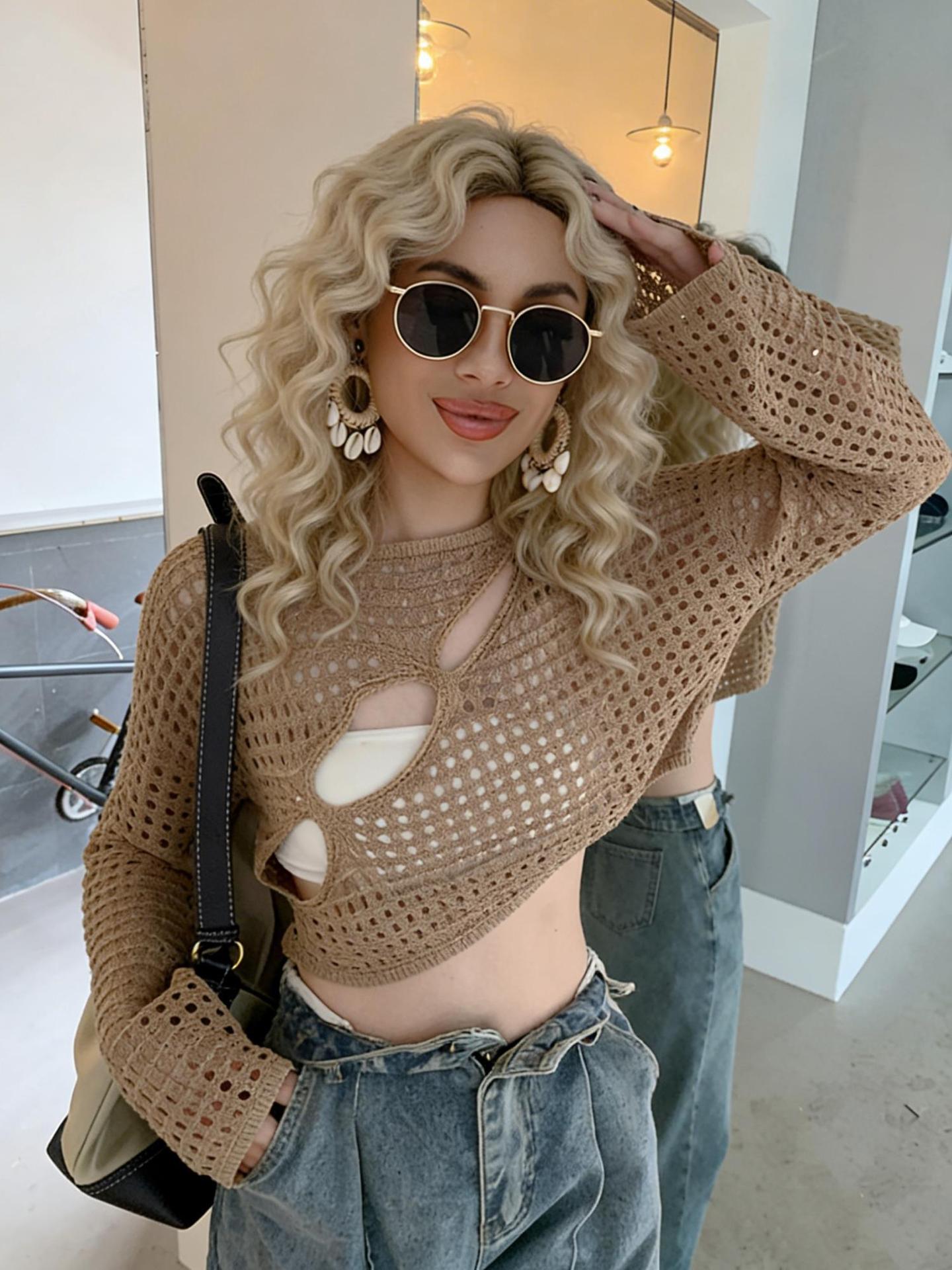 Women's Knit Long Sleeve Openwork Loose Cropped Top