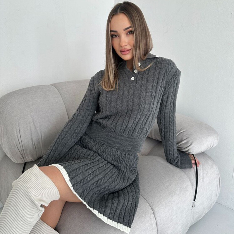 Women's Casual Knit Sweater and Mini Skirt Two-Piece Set with Button Detail