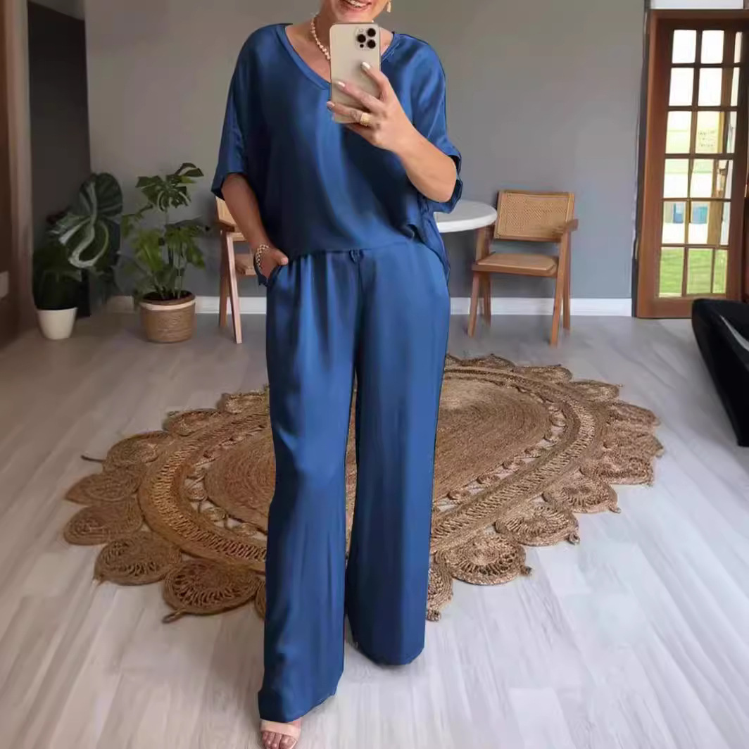 Women's Mercerized V-Neck Two-Piece Pants Set Solid Color Casual