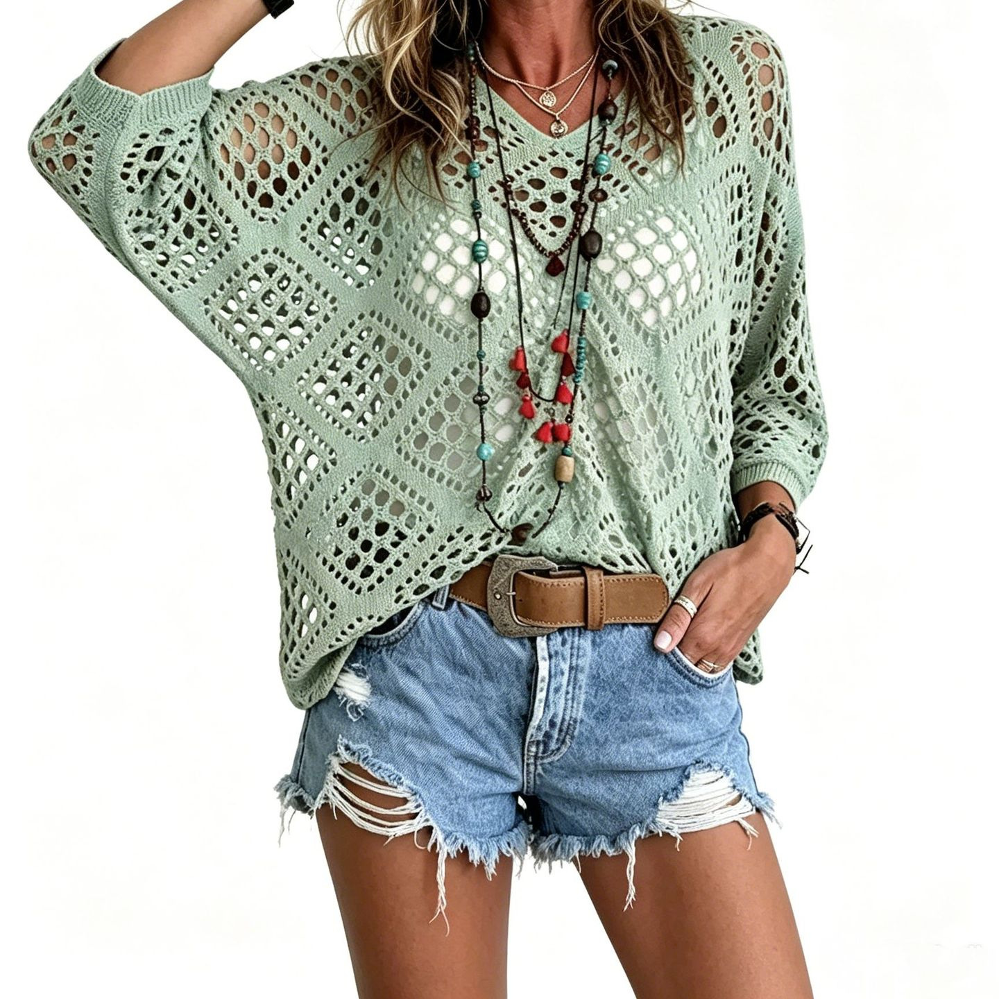 V-Neck Diamond Openwork Batwing Sleeve Women's Knit Top