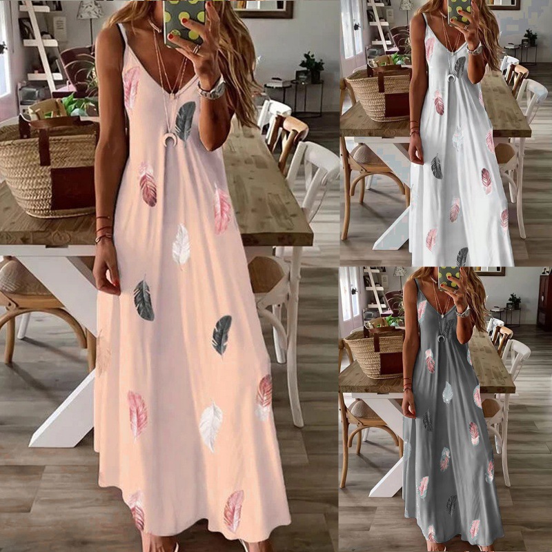 Sleeveless Slim Fit Feather Print Low Cut V-Neck Cami Maxi Dress