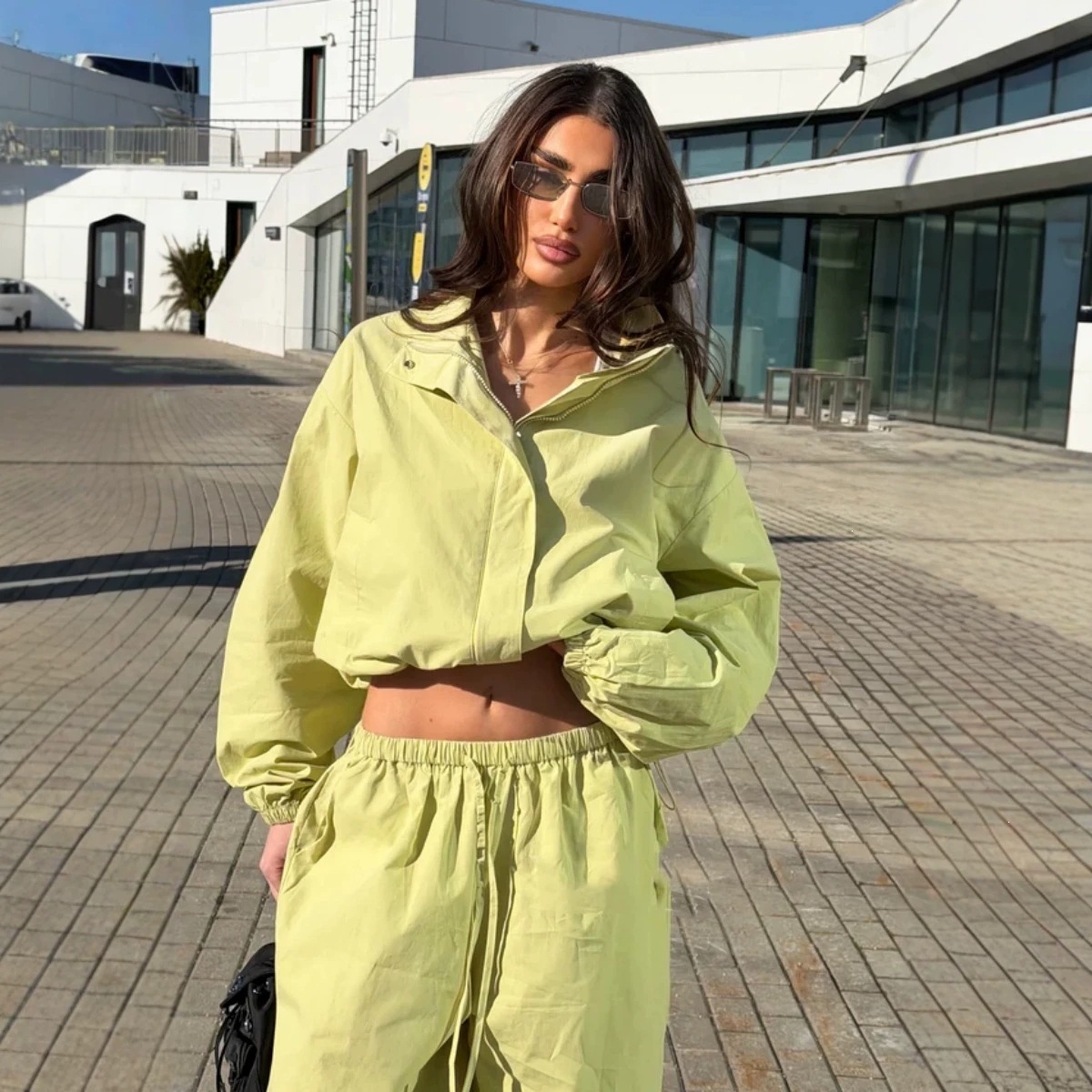 Women's Casual Tracksuit Set with Stand Collar Zip Cardigan and Wide-Leg Pants