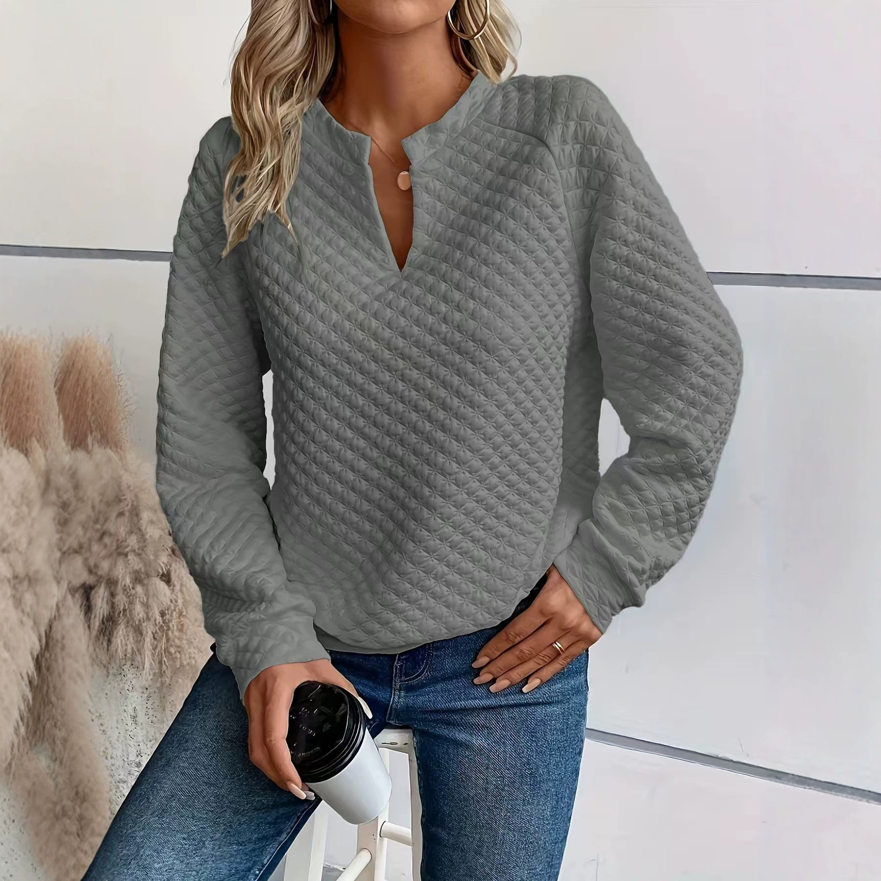 Women's Solid Deep V-Neck Long Sleeve Casual Sweatshirt