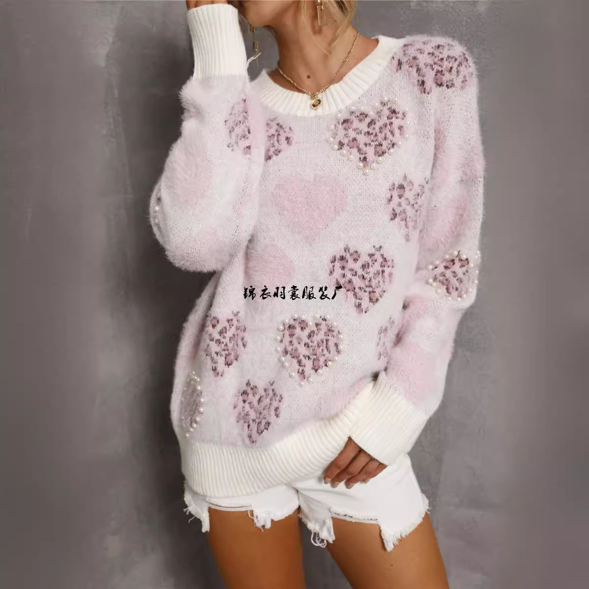 Plus Size Beaded Heart Crewneck Pullover Sweater