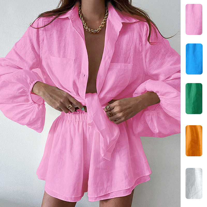 Women's Solid Color Tie-Waist Casual Pants Set Long Sleeve Commuter Two-Piece