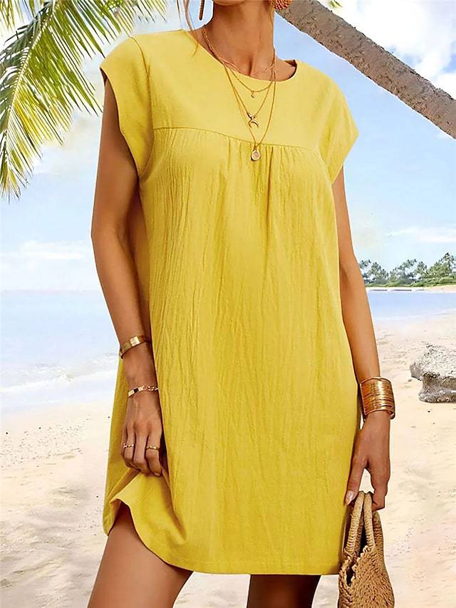 Sleeveless Round Neck Solid Cotton Linen Midi Dress