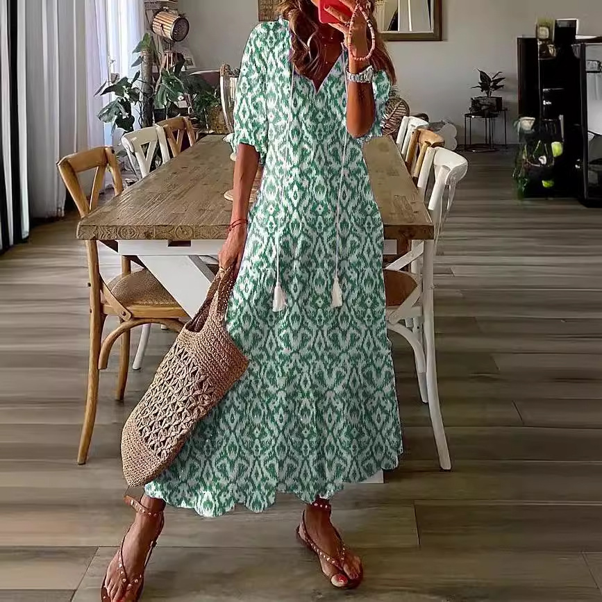 Women's Casual V-Neck Printed Tassel Midi Dress Loose A-Line