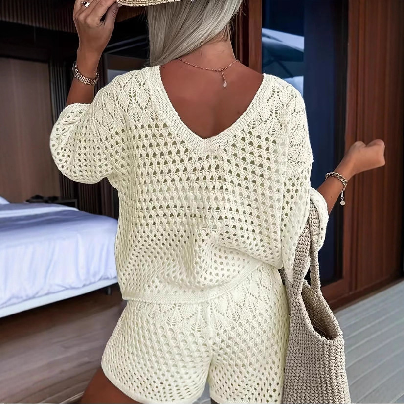 Women's V-Neck Hollow-Out Knit Two-Piece Set Casual Spring Summer
