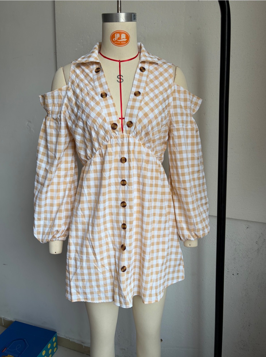 Retro Plaid Off-Shoulder Lantern Sleeve Midi Dress with Elastic Waist