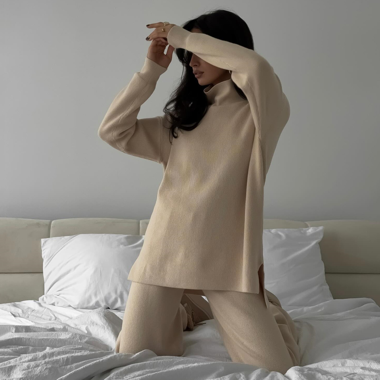 Women's Casual Solid High Neck Knit Long Sleeve Pant Set
