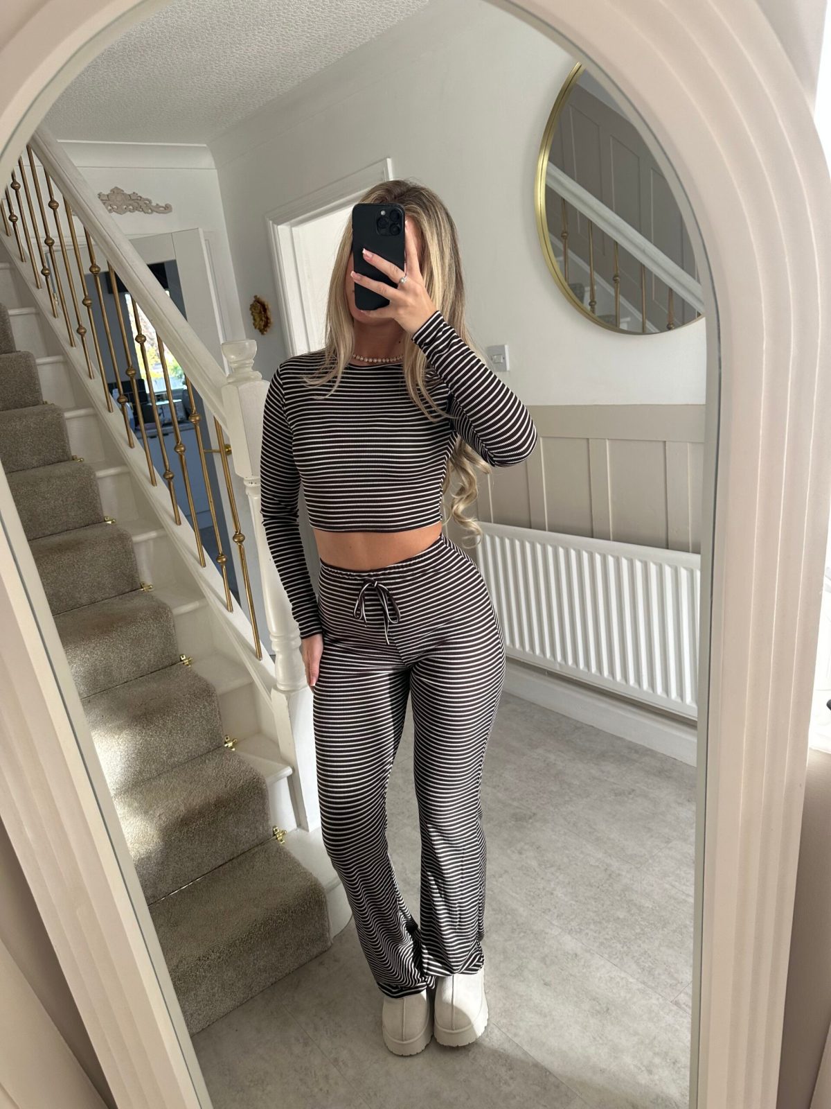 Sexy Striped Color-Block Long-Sleeve Top and Elastic-Waist Pants Two-Piece Set