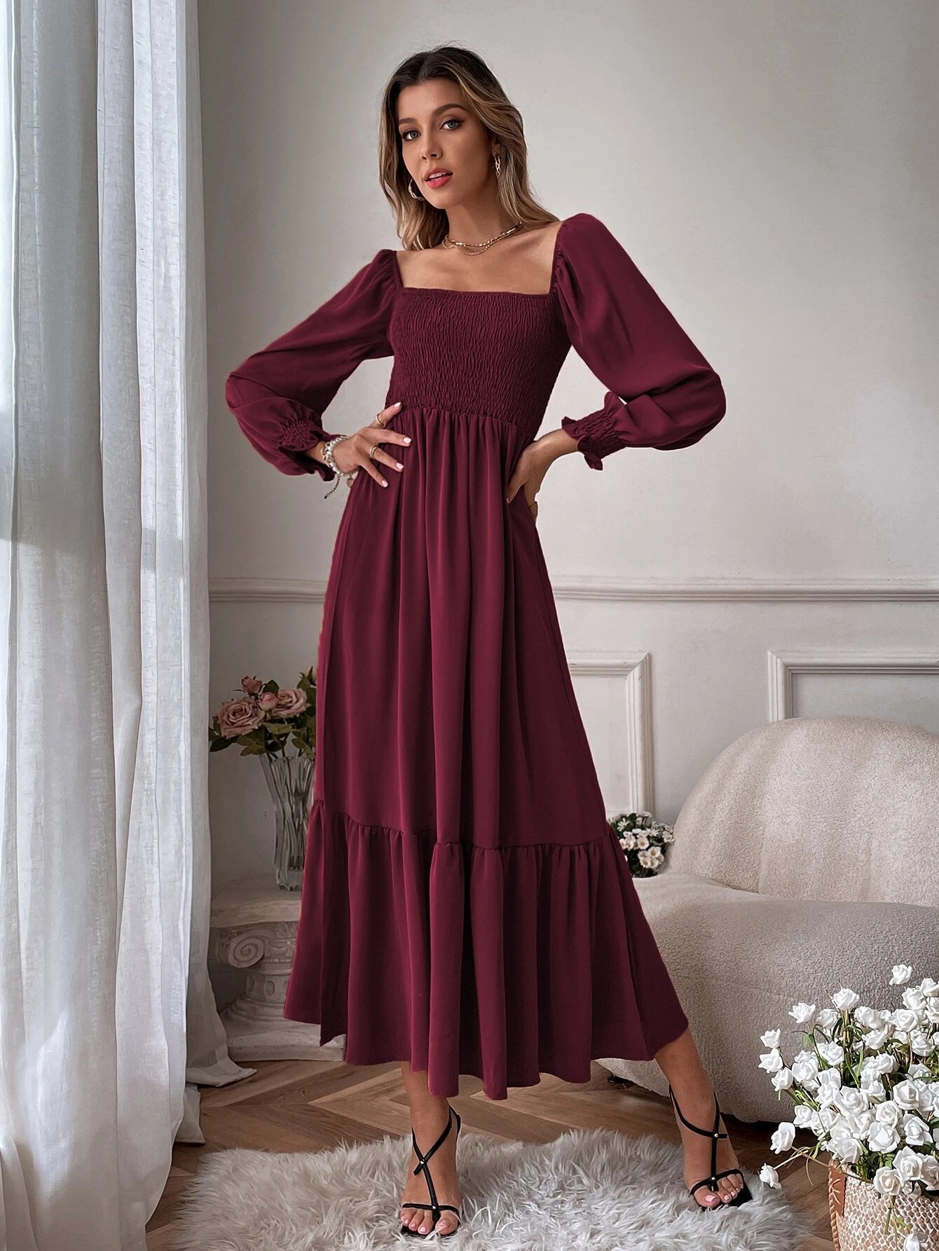 Square Neck Ruffle Long Sleeve High Waist Bodycon Dress