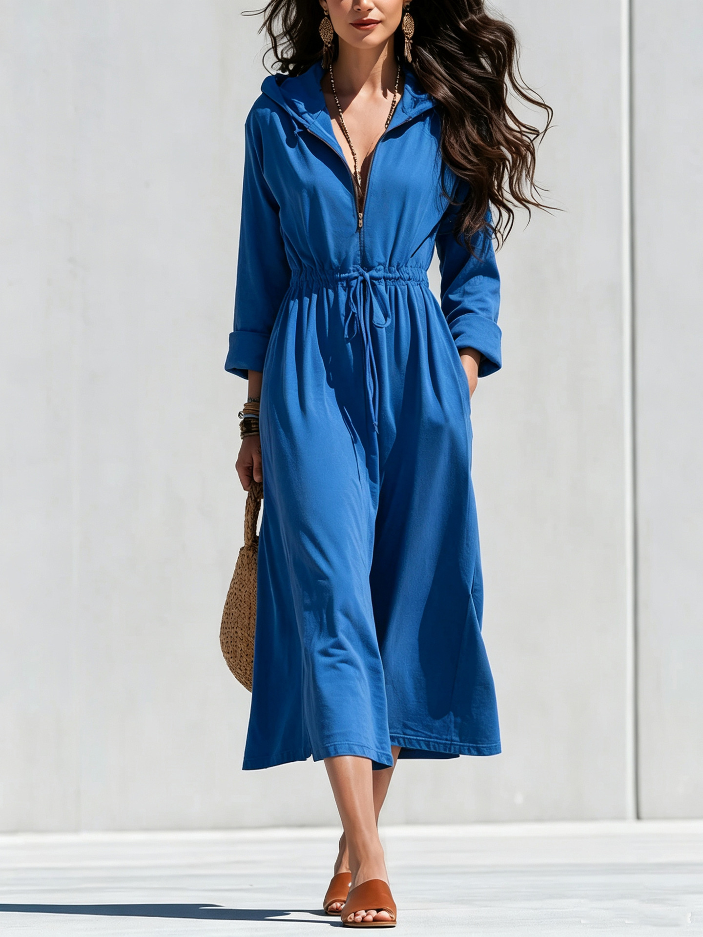 Women's Solid Half-Zip Drawstring Hooded Midi Dress