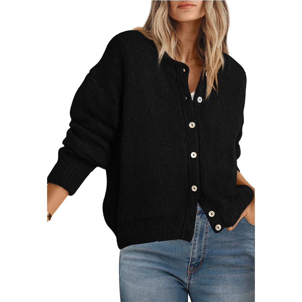 Women's Loose Crewneck Button-Front Knit Cardigan Solid Long-Sleeve Sweater Coat
