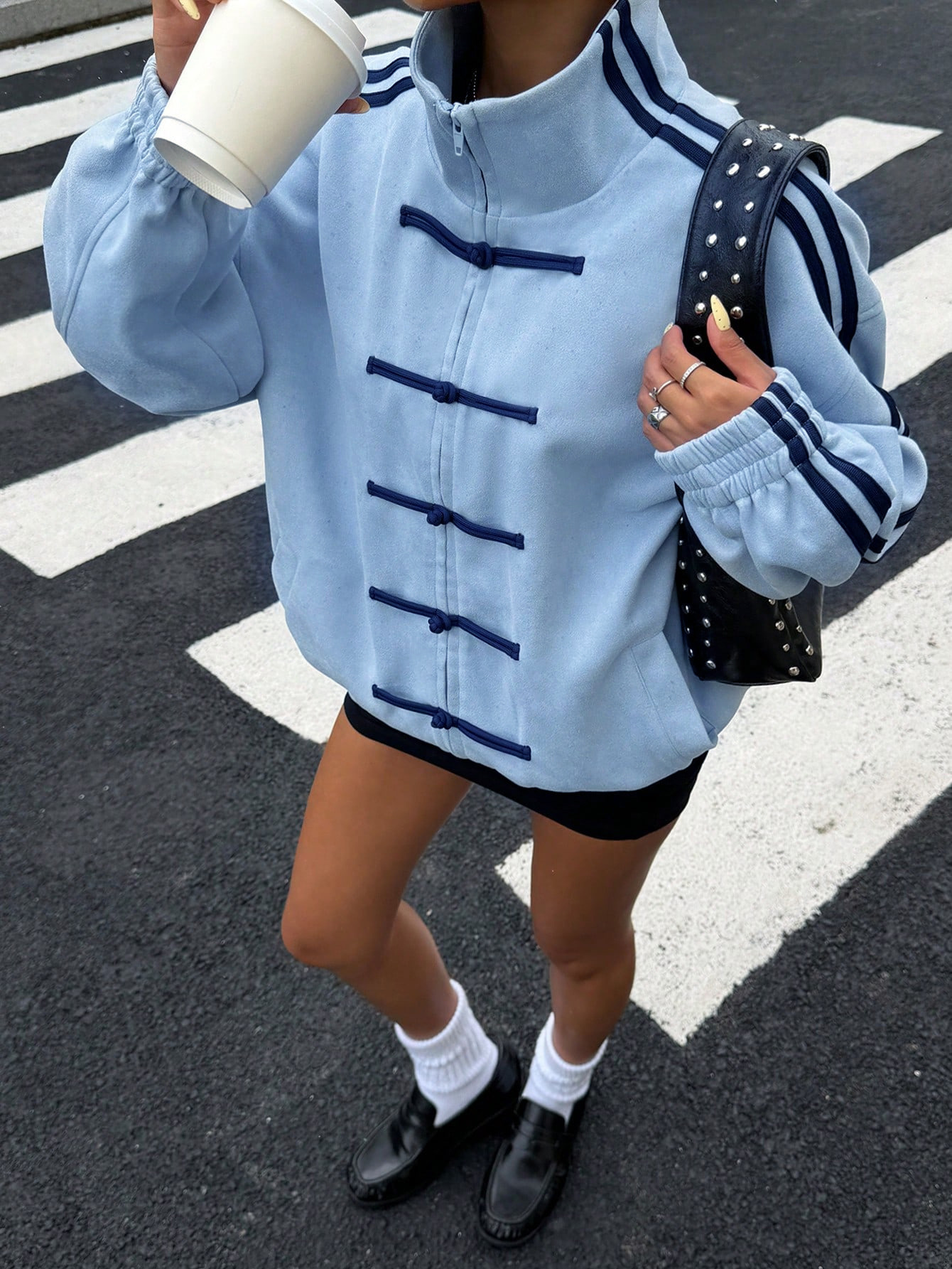 Women's New Chinese Style Frog Button Zip-Up Jacket with Stand Collar and Side Stripes