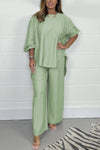 Acetate Satin Wide-Leg Pants Set with Lantern Sleeve Top